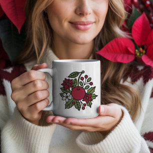 ポインセチアの華やかな花とサクラの植物画 コーヒーマグカップ