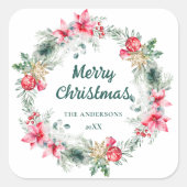 ポインセチアの葉 紅緑のクリスマスリース スクエアシール (正面)