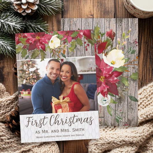 ポインセチアの風情ある木の写真 ファーストクリスマス Mr. Mrs シーズンカード