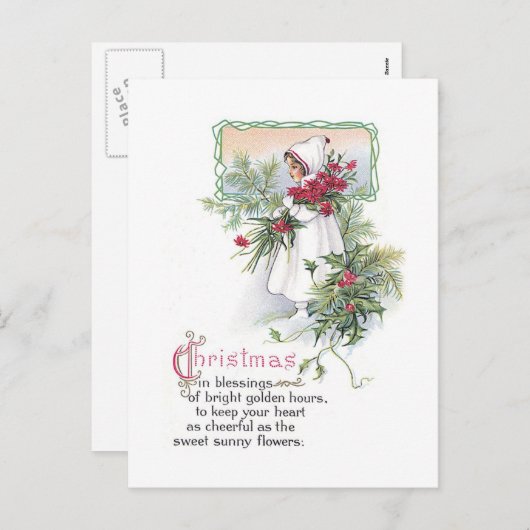 ポインセチアを持つヴィンテージのクリスマスカードの小さな女の子 シーズンポストカード (正面/裏面)