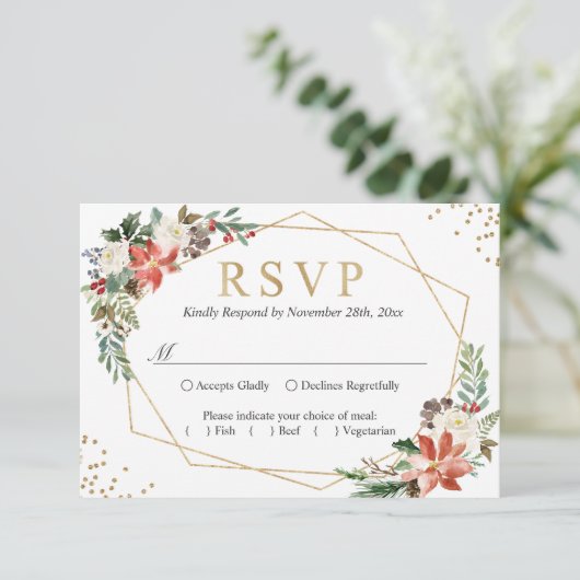 ポインセチアアイボリーフローラ幾何学的金ゴールドフレームRSVP 出欠カード (スタンド正面)