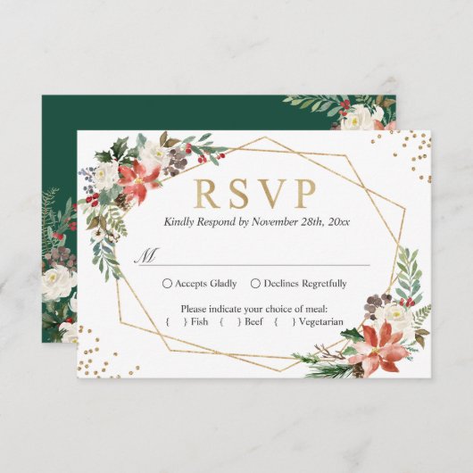ポインセチアアイボリーフローラ幾何学的金ゴールドフレームRSVP 出欠カード (正面/裏面)