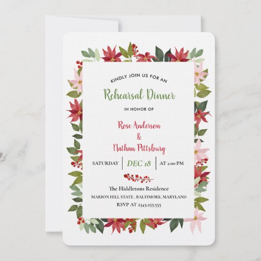 ポインセチアウォーターカラークリスマスリハーサルディナー 招待状 (正面)