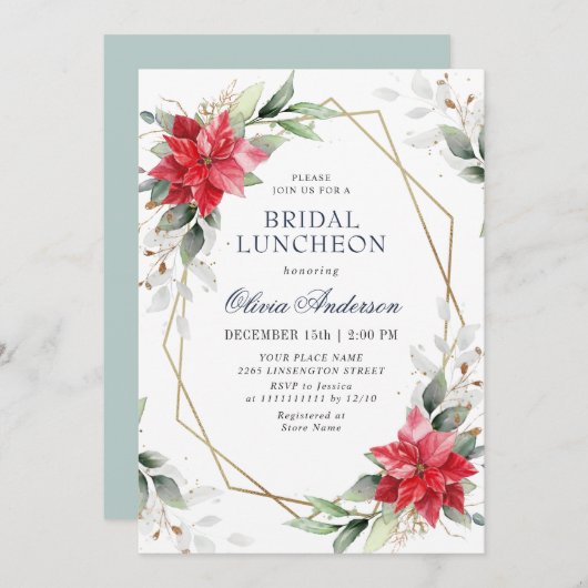 ポインセチアエレガントウィンターグリーナリーブライダルルンチョン 招待状 (正面/裏面)