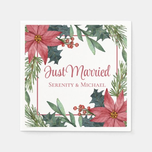ポインセチアクリスマスウィンター結婚たった今結婚しました スタンダードカクテルナプキン (正面)