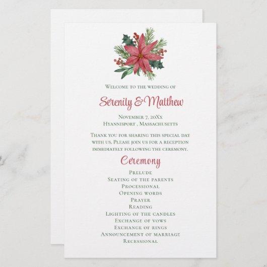ポインセチアクリスマスレッドフローラ結婚式 プログラム (正面/裏面)
