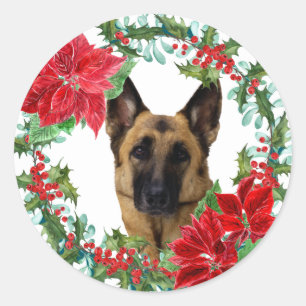 ポインセチアドイツシェパードドッグクリスマスリース ラウンドシール