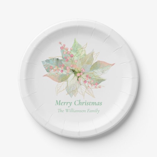 ポインセチアパステルエレガントクリスマスピンクセージ ペーパープレート (正面)