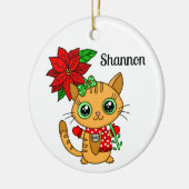 ポインセチアパーソナライズされたを持つオレンジ色の猫 セラミックオーナメント (左)