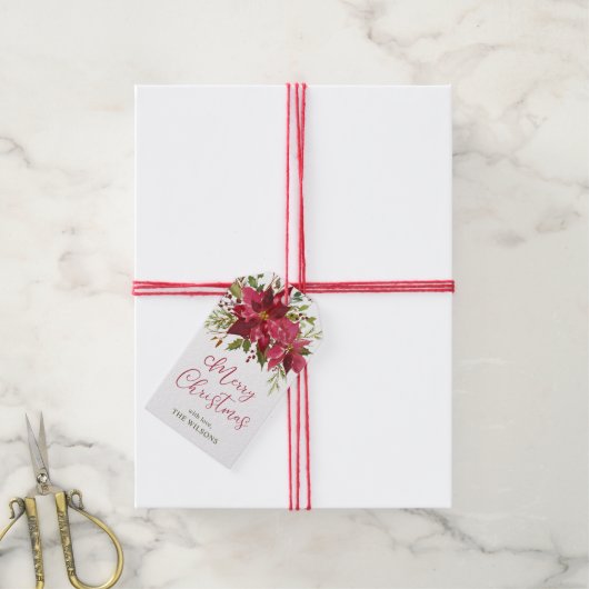 ポインセチアパーソナライズされたクリスマス ギフトタグ (より糸付き)