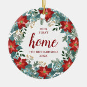 ポインセチアパーソナライズされたリースファーストクリスマス セラミックオーナメント (正面)