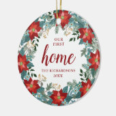 ポインセチアパーソナライズされたリースファーストクリスマス セラミックオーナメント (左)