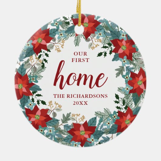 ポインセチアパーソナライズされたリースファーストクリスマス セラミックオーナメント (裏面)