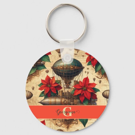 ポインセチアパーソナライズされた付きステームパンク飛行船 キーホルダー (裏面)