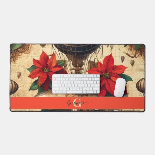 ポインセチアパーソナライズされた付きステームパンク飛行船 デスクマット (キーボード&マウス)