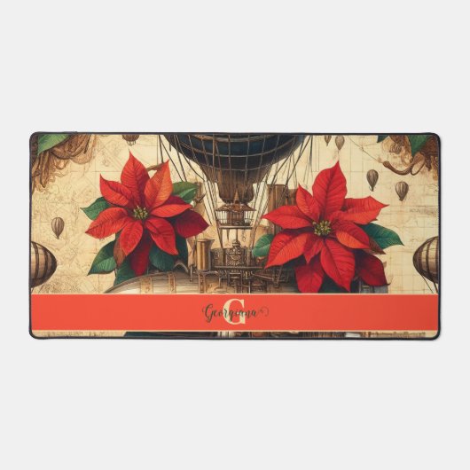 ポインセチアパーソナライズされた付きステームパンク飛行船 デスクマット (正面)