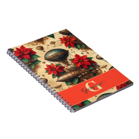 ポインセチアパーソナライズされた付きステームパンク飛行船 ノートブック (右側)