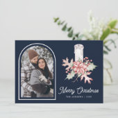 ポインセチアフェスティバルキャンドルフォトネイビークリスマス シーズンカード (スタンド正面)