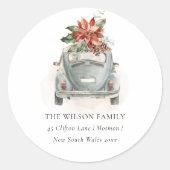 ポインセチアフローラクリスマスカー新しいホームアドレス ラウンドシール (正面)