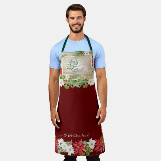 ポインセチアフローラクリスマスジョイへWorld Burgundy エプロン (着用した状態)