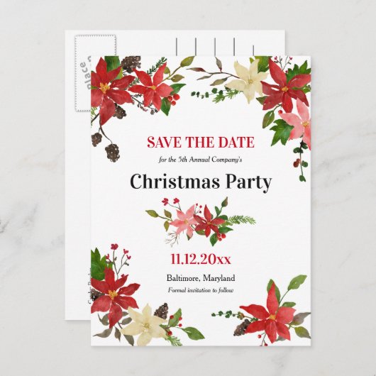 ポインセチアフローラクリスマスパーティー日付の保存 案内ポストカード (正面/裏面)