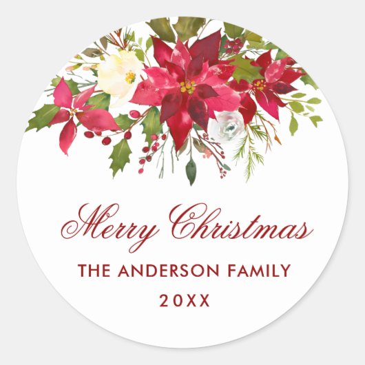 ポインセチアフローラクリスマスレッド封筒用シール ラウンドシール (正面)