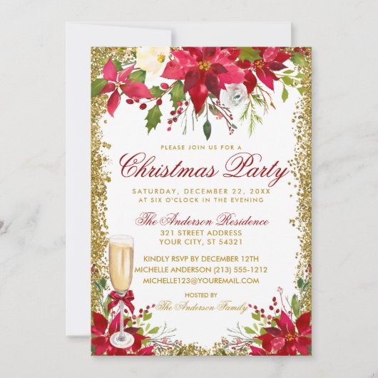 ポインセチアフローラシャンパングラスクリスマスパーティー 招待状 (正面)