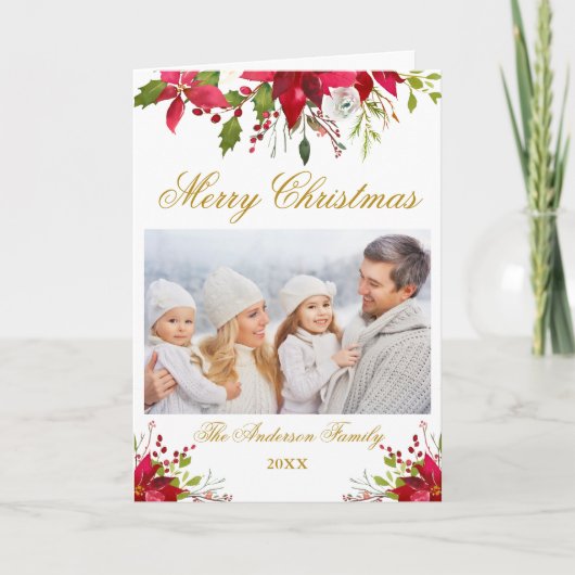 ポインセチアフローラフォトクリスマスクリスマス金ゴールド折り シーズンカード (正面)