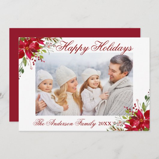 ポインセチアフローラフォトレッドハッピーホリデイズカード 招待状 (正面/裏面)
