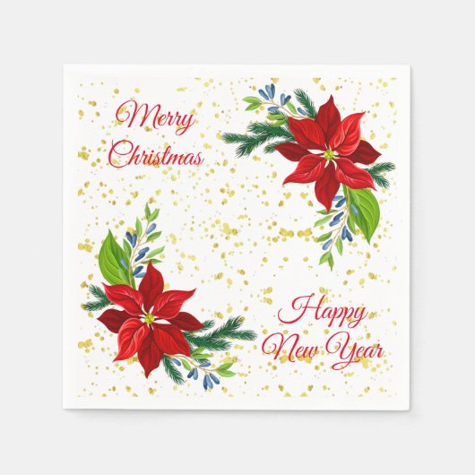 ポインセチアフローラブーケ、メリークリスマス スタンダードカクテルナプキン (正面)