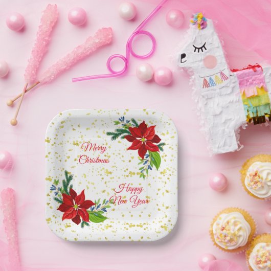 ポインセチアフローラブーケ、メリークリスマス ペーパープレート (パーティー)