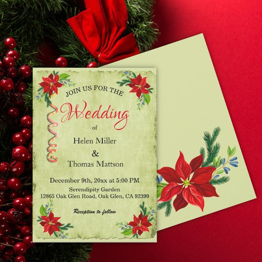 ポインセチアフローラブーケ，ヴィンテージウェディング 招待状