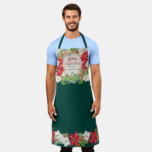 ポインセチアフローラメリークリスマスファームハウスグリーン エプロン (着用した状態)