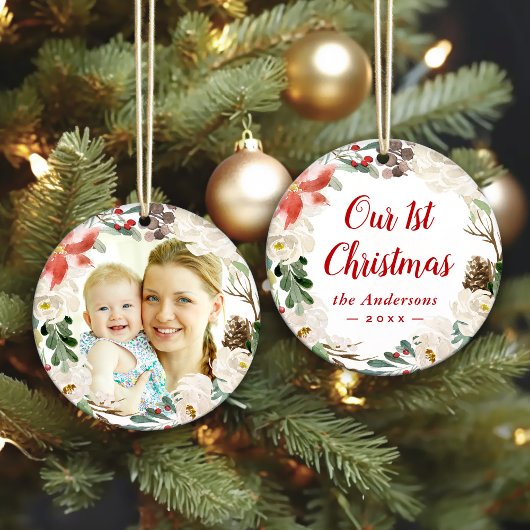 ポインセチアフローラリース初めてのクリスマス写真 オーナメント