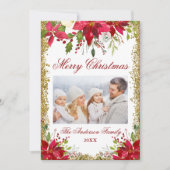ポインセチアフローラ写真グリッタークリスマスカード 招待状 (正面)