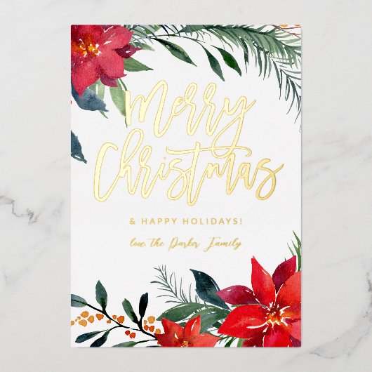 ポインセチアフローラ写真グリッターメリークリスマス 箔招待状 (正面)