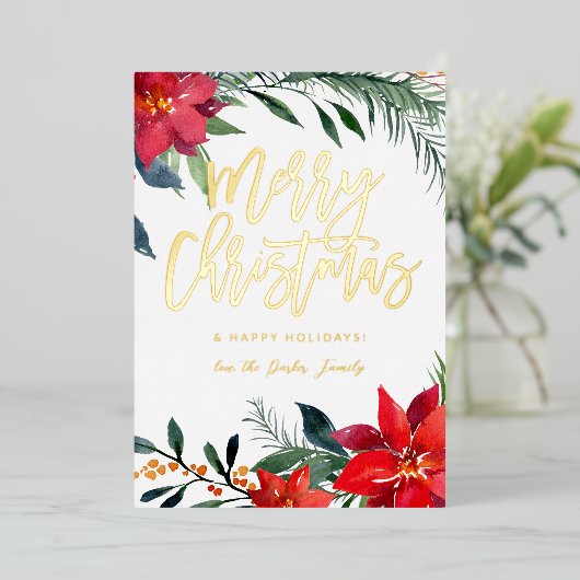 ポインセチアフローラ写真グリッターメリークリスマス 箔招待状 (立ち正面)