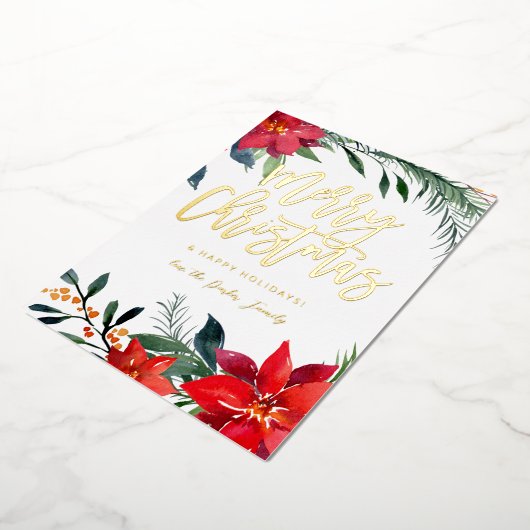 ポインセチアフローラ写真グリッターメリークリスマス 箔招待状
