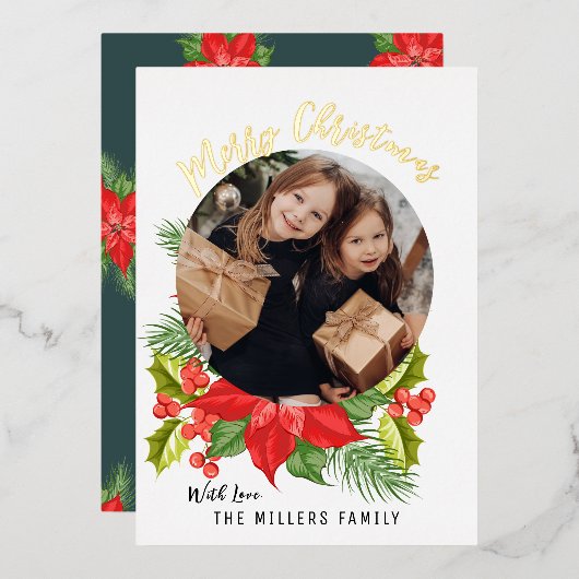 ポインセチアフローラ写真 |メリークリスマス 箔シーズンカード (正面/裏面)