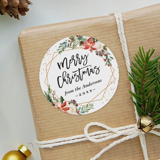 ポインセチアフローラ幾何学的メリークリスマススクリプト ラウンドシール