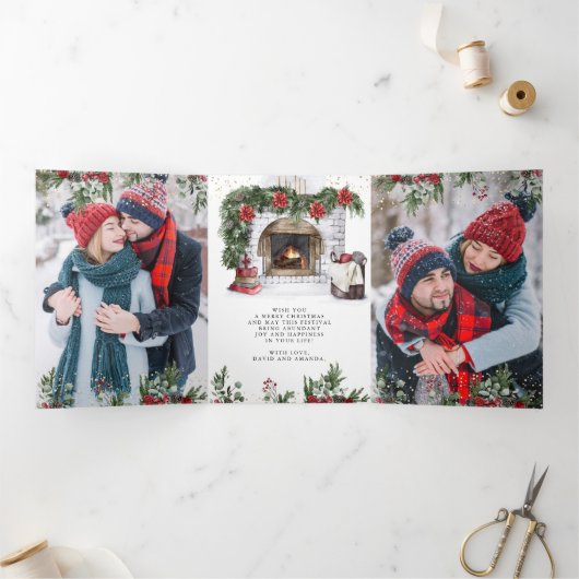 ポインセチアフローラ暖炉フォトクリスマス 三つ折りクリスマスカード (内部)