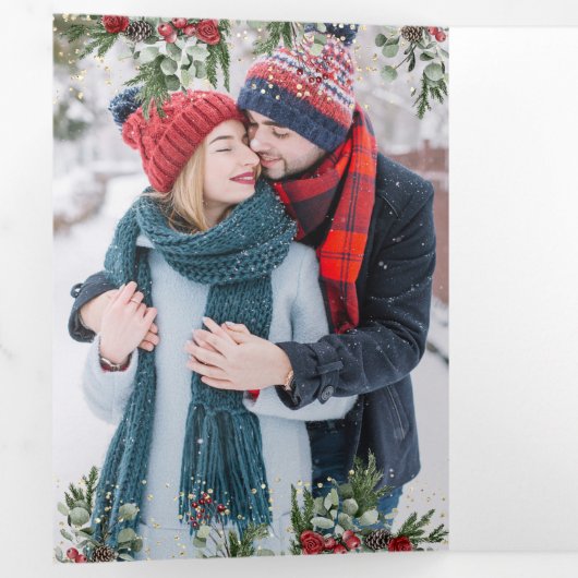 ポインセチアフローラ暖炉フォトクリスマス 三つ折りクリスマスカード (内部最初)