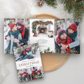 ポインセチアフローラ暖炉フォトクリスマス 三つ折りクリスマスカード