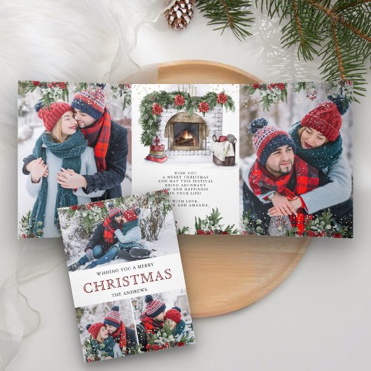 ポインセチアフローラ暖炉フォトクリスマス 三つ折りクリスマスカード