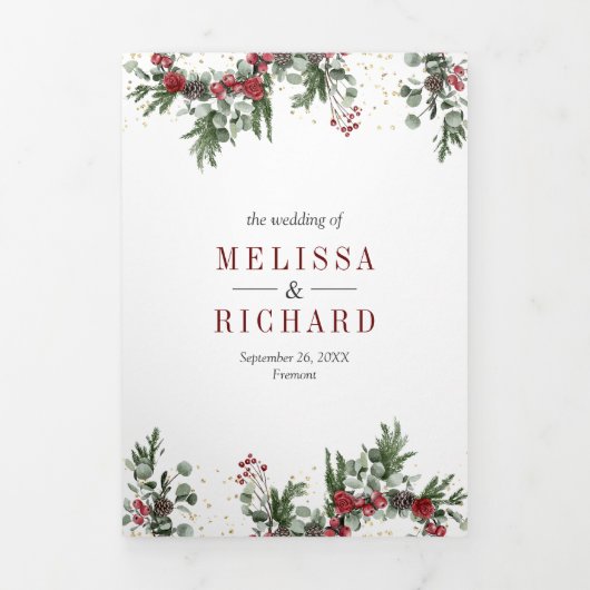 ポインセチアフローラ暖炉結婚クリスマス 三つ折り招待状 (カバー)