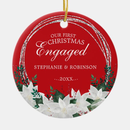 ポインセチアフローラ私たちの初めてのクリスマス 婚約した セラミックオーナメント (正面)