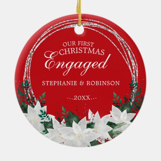 ポインセチアフローラ私たちの初めてのクリスマス 婚約した セラミックオーナメント (裏面)