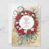 ポインセチアフローラ金ゴールドグリッターレッドクリスマスパーティー 招待状 (正面)
