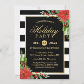 ポインセチアフローラ金ゴールドストライプのフレームホリデーパーティー 招待状 (正面)