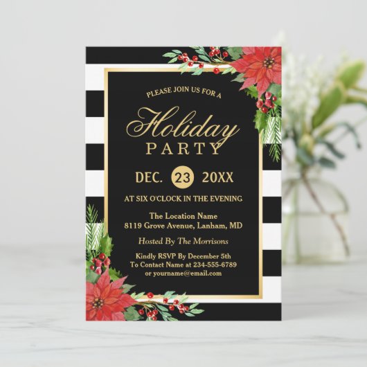 ポインセチアフローラ金ゴールドストライプのフレームホリデーパーティー 招待状 (スタンド正面)